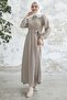 Baby Collar Waist Belted Dress - Beige - 5