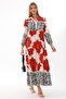Women's Red and White Placket Collar Sleeve Elastic Long Loose Dress - 2