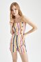 Linen Blended Strappy Striped Short Jumpsuit - Square Collar W8575az22sm - 3