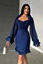 Navy Blue Chiffon Fabric Collar Lacing Skirt Ruffle Detail Tulle Long Sleeve Mini Dress 084 - 5