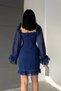 Navy Blue Chiffon Fabric Collar Lacing Skirt Ruffle Detail Tulle Long Sleeve Mini Dress 084 - 3