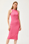 Women's Fuchsia Halter Collar Lycra Thin Ribbed Slit Ottoman Dress ELB-19002081 - 4