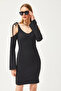 Women's Black Strap Tie Spanish Sleeve Waffle Dress ELB-19002078 - 3