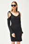 Women's Black Strap Tie Spanish Sleeve Waffle Dress ELB-19002078 - 2