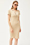 Women's Beige Metal Placket Accessory Pocket Lycra Mini Cotton Dress ELB-19002067 - 3