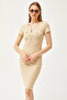 Women's Beige Metal Placket Accessory Pocket Lycra Mini Cotton Dress ELB-19002067 - 5