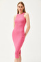 Women's Fuchsia Halter Collar Lycra Thin Ribbed Slit Ottoman Dress ELB-19002081 - 3