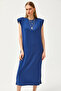 Women's Navy Blue Shoulder Padded Crystal Dress Elb- 19002086 - 6
