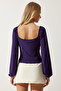Women's Purple Elastic Balloon Sleeve Sandy Knitted Blouse FF00154 - 6