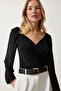 Women's Black Elastic Balloon Sleeve Sandy Knitted Blouse FF00154 - 2