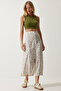 Women's Ecru Patterned Slit Viscose Skirt UB00246