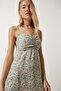 Women's Cream Green Strap Patterned Viscose Dress UB00236 - 3