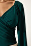 Women's Emerald Green Elastic Balloon Sleeve Sandy Knitted Blouse FF00154 - 4