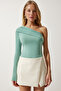 Women's Water Green Single Shoulder Gather Detailed Knitted Blouse ZH00032 - 4