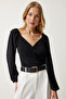 Women's Black Elastic Balloon Sleeve Sandy Knitted Blouse FF00154 - 3