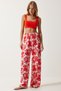 Women's Ecru Red High Waist Summer Loose Viscose Trousers BH00354 - 2