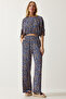 Women's Blue Orange Patterned Blouse Palazzo Knitted Set MC00264 - 3