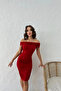 Gathered Side Madonna Collar Sandy Fabric Dress Red