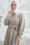 Baby Collar Waist Belted Dress - Beige - 2