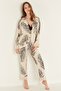 Patterned Viscose Long Sleeve Shirt Pajama Set 9082 Cream - 2