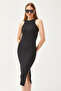 Women's Black Halter Neck Lycra Thin Ribbed Slit Ottoman Dress ELB-19002081 - 4