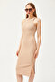 Women's Camel Halter Collar Lycra Thin Ribbed Slit Ottoman Dress ELB-19002081 - 3