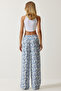 Women's White Light Blue Patterned Raw Linen Palazzo Pants BH00397 - 6