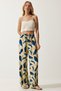 Women's Yellow Navy Blue High Waist Summer Loose Viscose Trousers BH00354 - 3