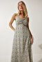 Women's Cream Green Strap Patterned Viscose Dress UB00236 - 6