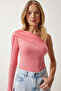 Women's Light Pink Single Shoulder Gather Detailed Knitted Blouse ZH00032 - 2