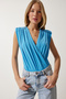 Women's Sky Blue Wraped Collar Padded Snap Knitted Blouse ZH00014 - 2