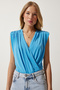 Women's Sky Blue Wraped Collar Padded Snap Knitted Blouse ZH00014 - 3