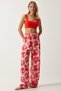 Women's Ecru Red High Waist Summer Loose Viscose Trousers BH00354 - 4