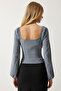Women's Gray Elastic Balloon Sleeve Sandy Knitted Blouse FF00154 - 5