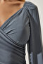 Women's Gray Elastic Balloon Sleeve Sandy Knitted Blouse FF00154 - 4