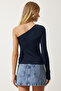 Women's Navy Blue Single Shoulder Gather Detailed Knitted Blouse ZH00032 - 6