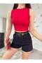 Women's Corded Crew Neck Zero Sleeve Fitted/Fitted Crop Top Blouse - 6