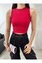 Women's Corded Crew Neck Back Window Detailed Fitted/Fitted Crop Top Blouse