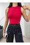 Women's Corded Crew Neck Back Window Detailed Fitted/Fitted Crop Top Blouse - 6