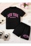 Pink Brooklyn Printed black kids' top, bottom and shorts set