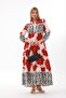 Women's Red and White Placket Collar Sleeve Elastic Long Loose Dress - 3