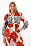 Women's Red and White Placket Collar Sleeve Elastic Long Loose Dress - 6