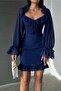 Navy Blue Chiffon Fabric Collar Lacing Skirt Ruffle Detail Tulle Long Sleeve Mini Dress 084