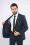 Men's Navy Blue Slim Fit Mono Collar Straight Suit (with Gift) - 5