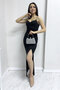 Women's Black Stone Strap Slit Heart Collar Dress