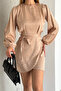 women camel belted mini length satin dress NBKKLF2021 - 2
