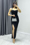 Women's Black Stone Strap Slit Heart Collar Dress - 3