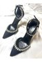 Lady Satin Black Crystal Jewelled 8 Cm Transparent Heeled Pointed Toe Evening Dress Shoes - 2