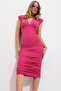 Fuchsia V-Neck Draped Dress with Padded Shoulders Alc-X11721 - 3