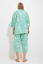 Women's Green Patterned Kimono Jacket and Pants Linen Woven Bottom Top Set Alc-X11752 - 4